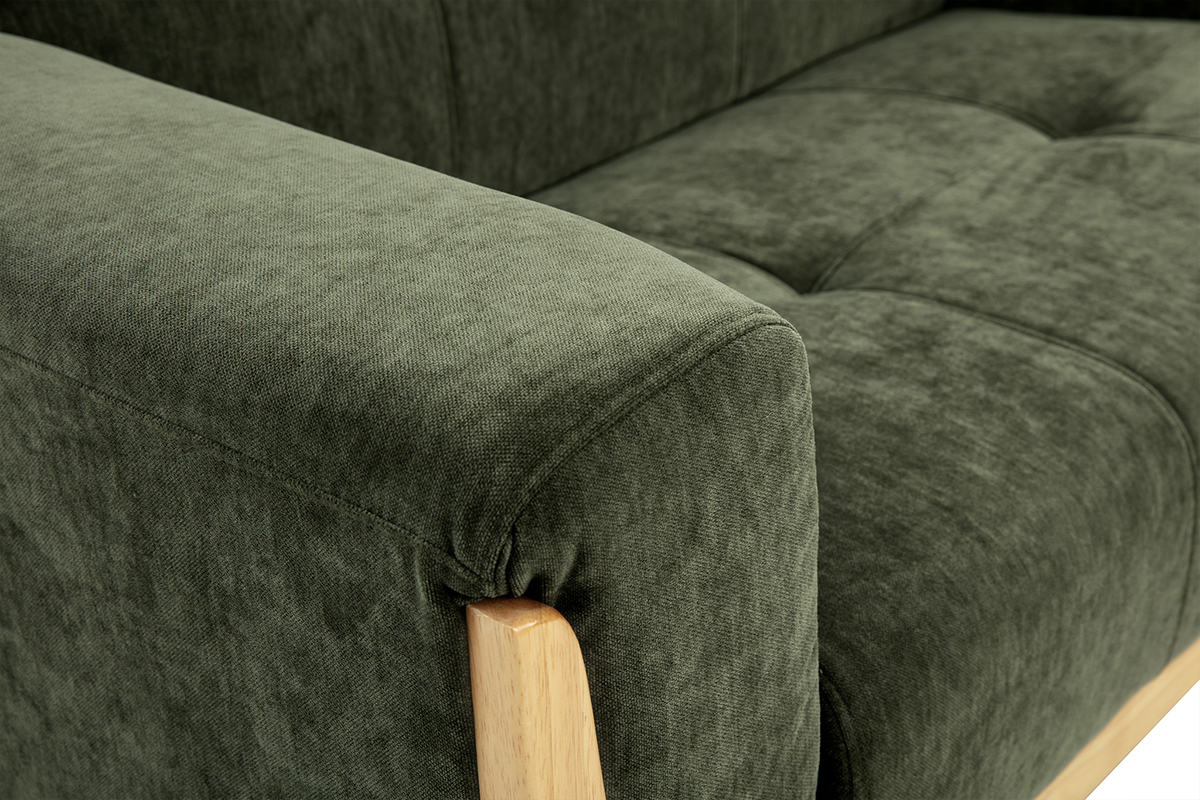 Divano Scandinavo 2 posti in tessuto effetto velluto verde kaki e legno chiaro FJORD