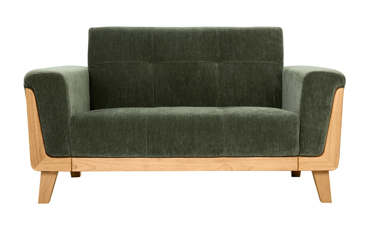 Divano Scandinavo 2 posti in tessuto effetto velluto verde kaki e legno chiaro FJORD