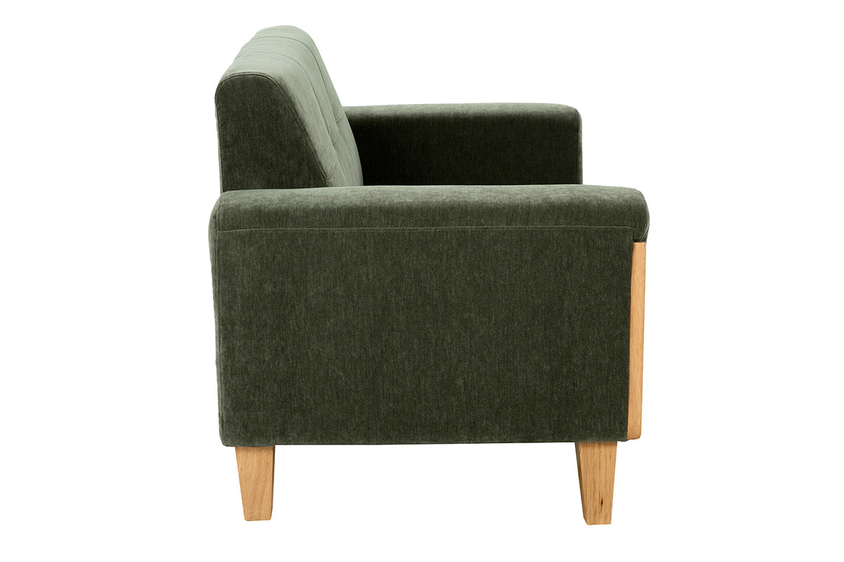 Divano Scandinavo 2 posti in tessuto effetto velluto verde kaki e legno chiaro FJORD