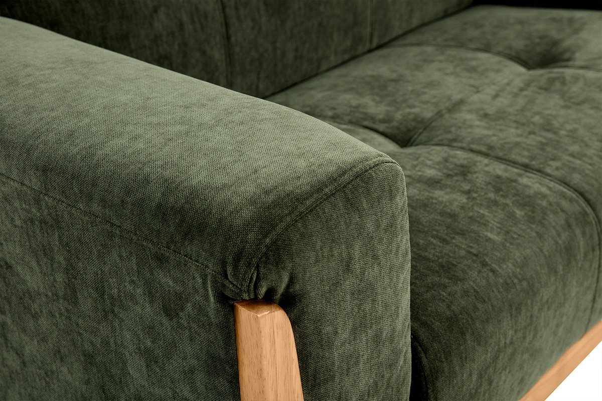 Divano Scandinavo 2 posti in tessuto effetto velluto verde kaki e legno chiaro FJORD