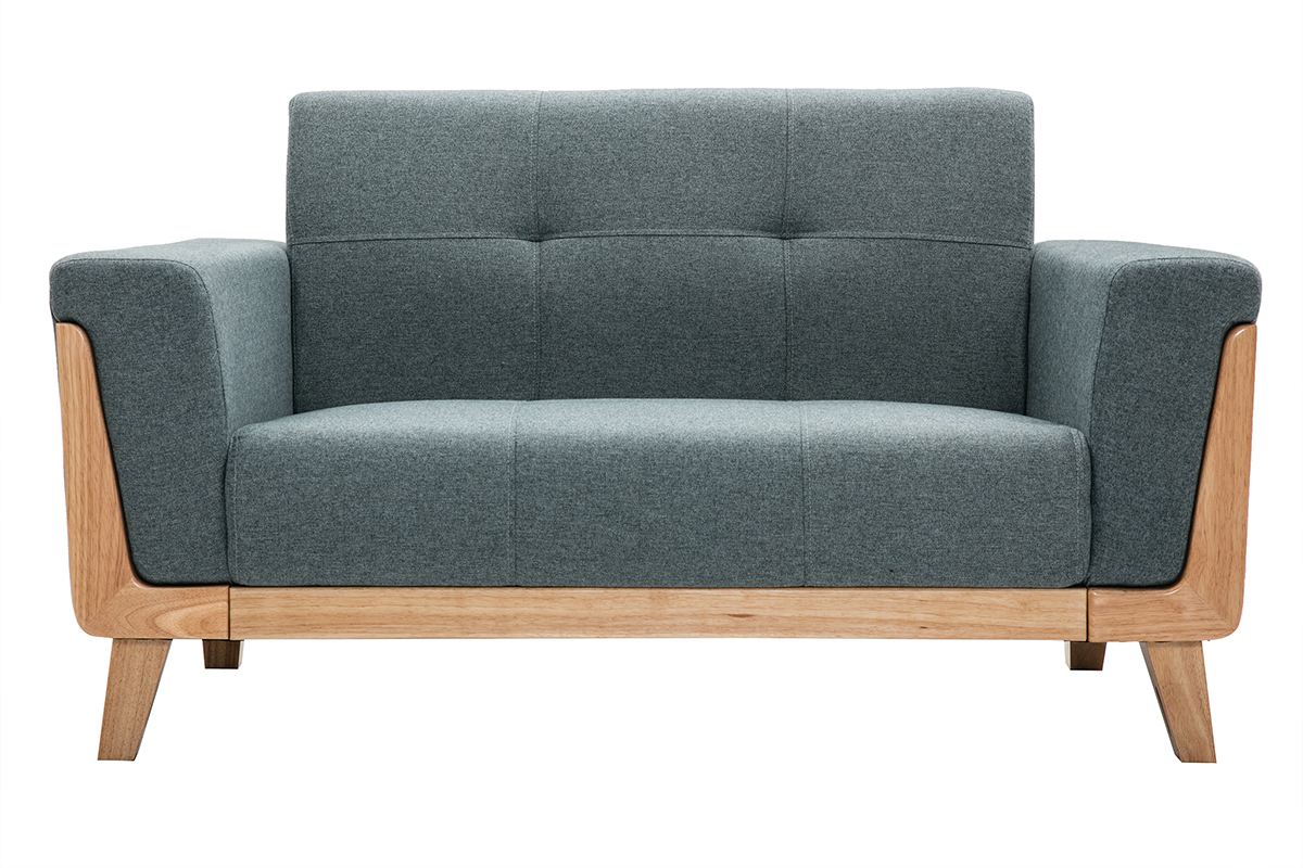 Divano scandinavo 2 posti in tessuto grigio-verde e legno chiaro FJORD