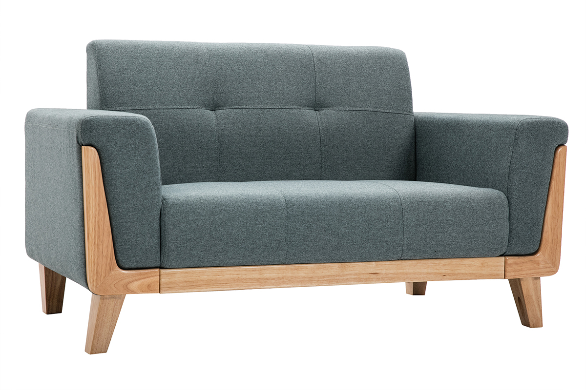Divano scandinavo 2 posti in tessuto grigio-verde e legno chiaro FJORD