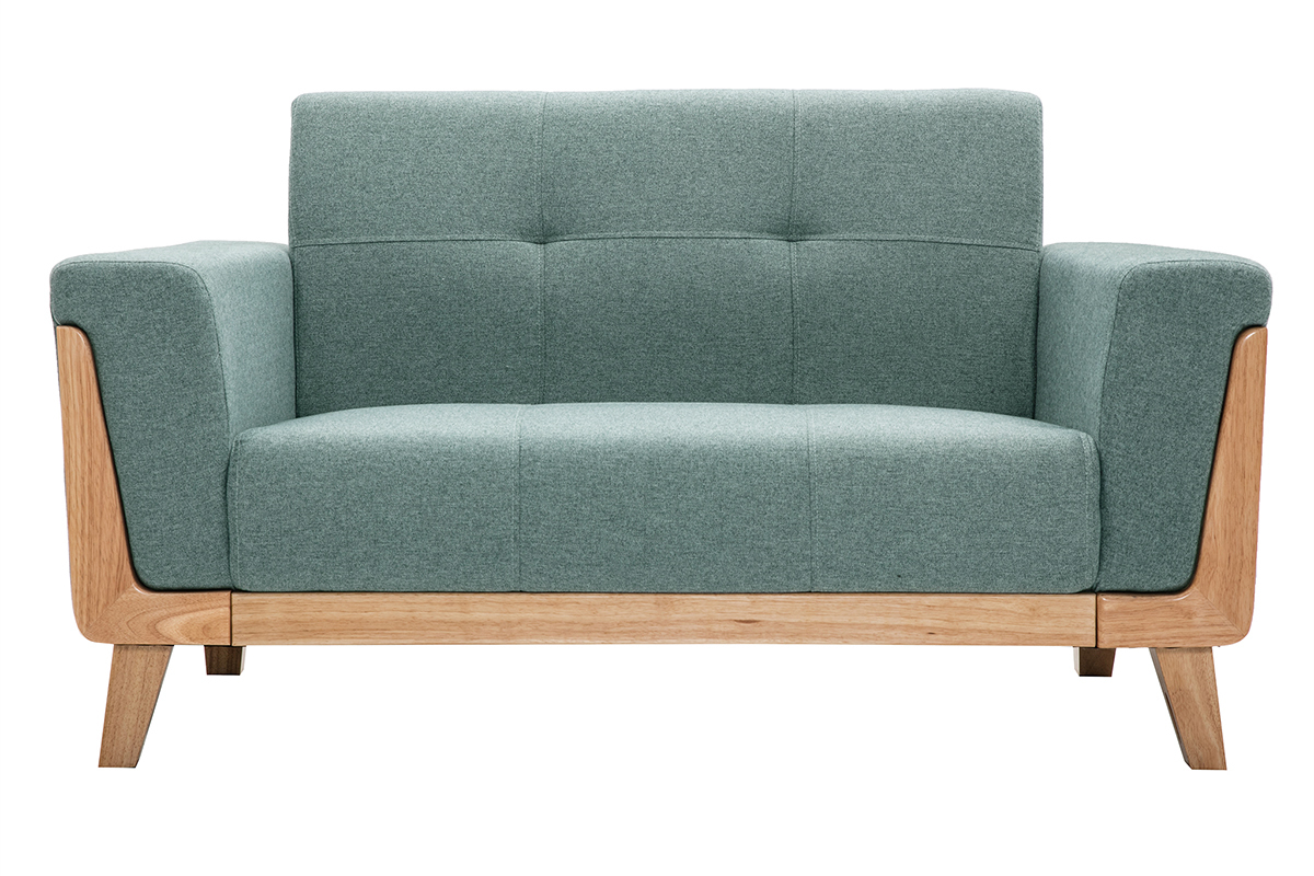 Divano scandinavo 2 posti in tessuto grigio-verde e legno chiaro FJORD