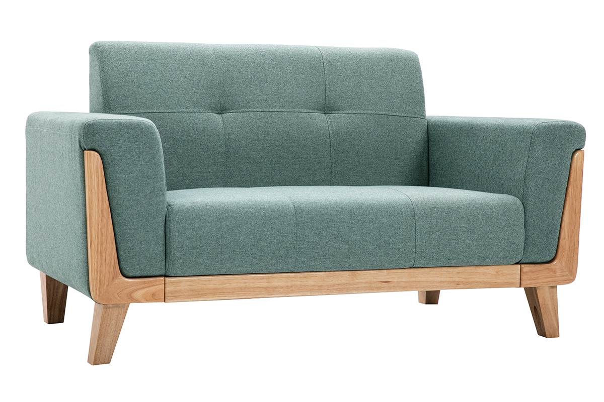Divano scandinavo 2 posti in tessuto grigio-verde e legno chiaro FJORD