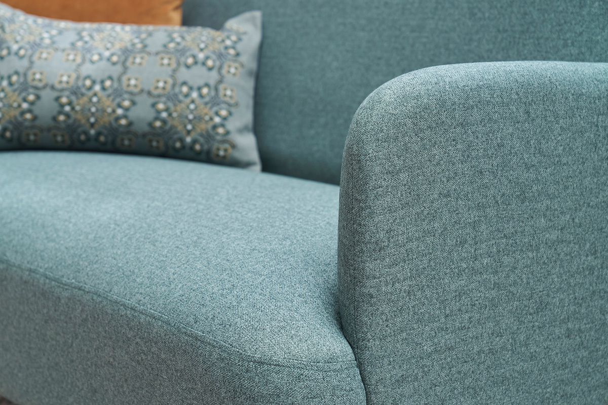 Divano scandinavo 2 posti in tessuto grigio-verde e legno chiaro ISKO