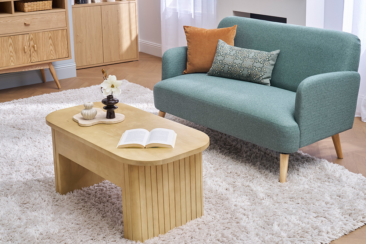 Divano scandinavo 2 posti in tessuto grigio-verde e legno chiaro ISKO