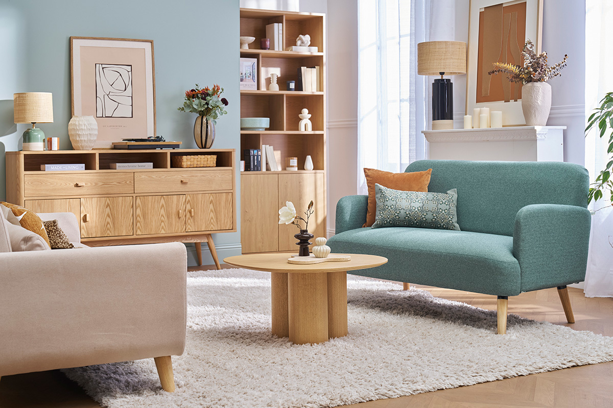Divano scandinavo 2 posti in tessuto grigio-verde e legno chiaro ISKO