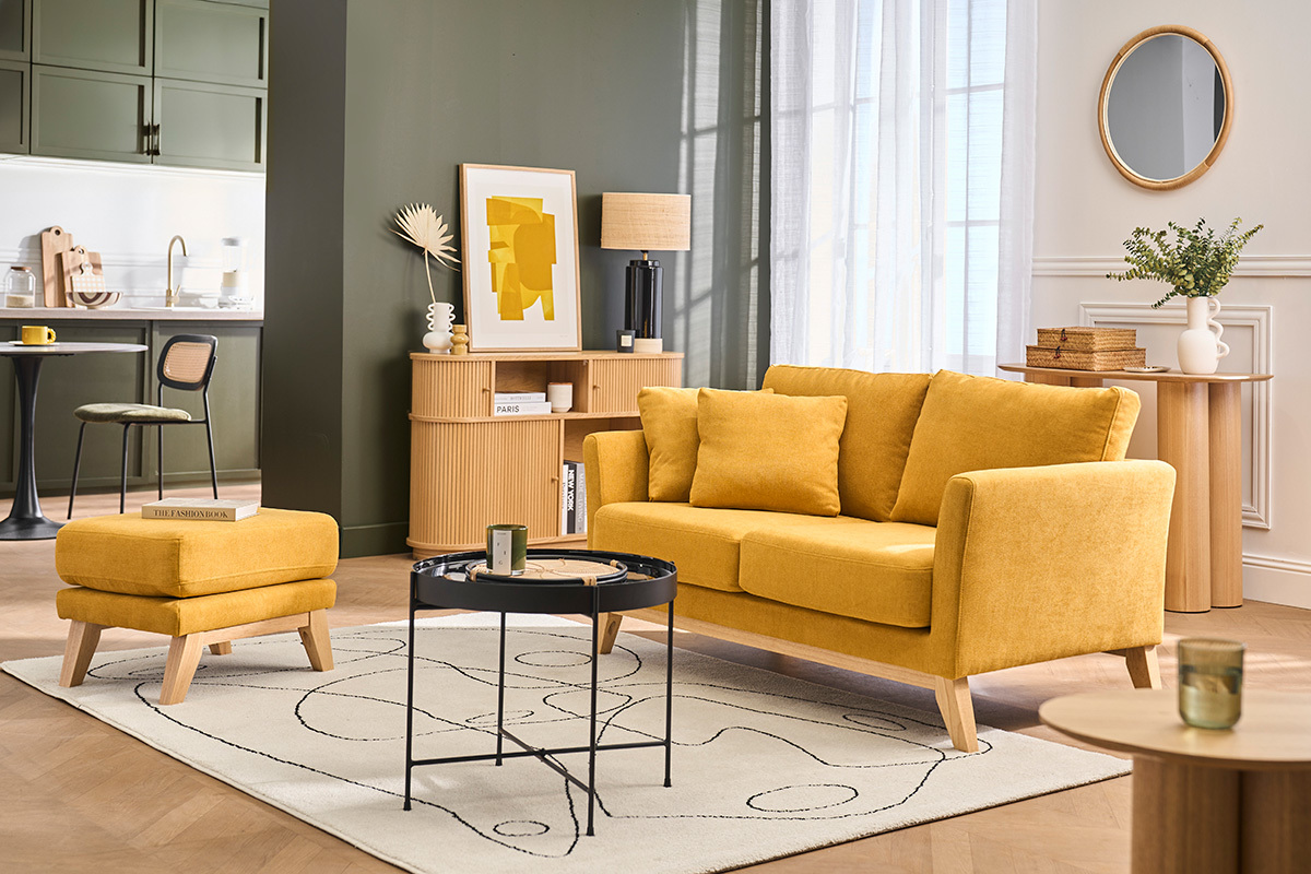 Divano scandinavo 2 posti sfoderabile effetto velluto giallo senape OSLO