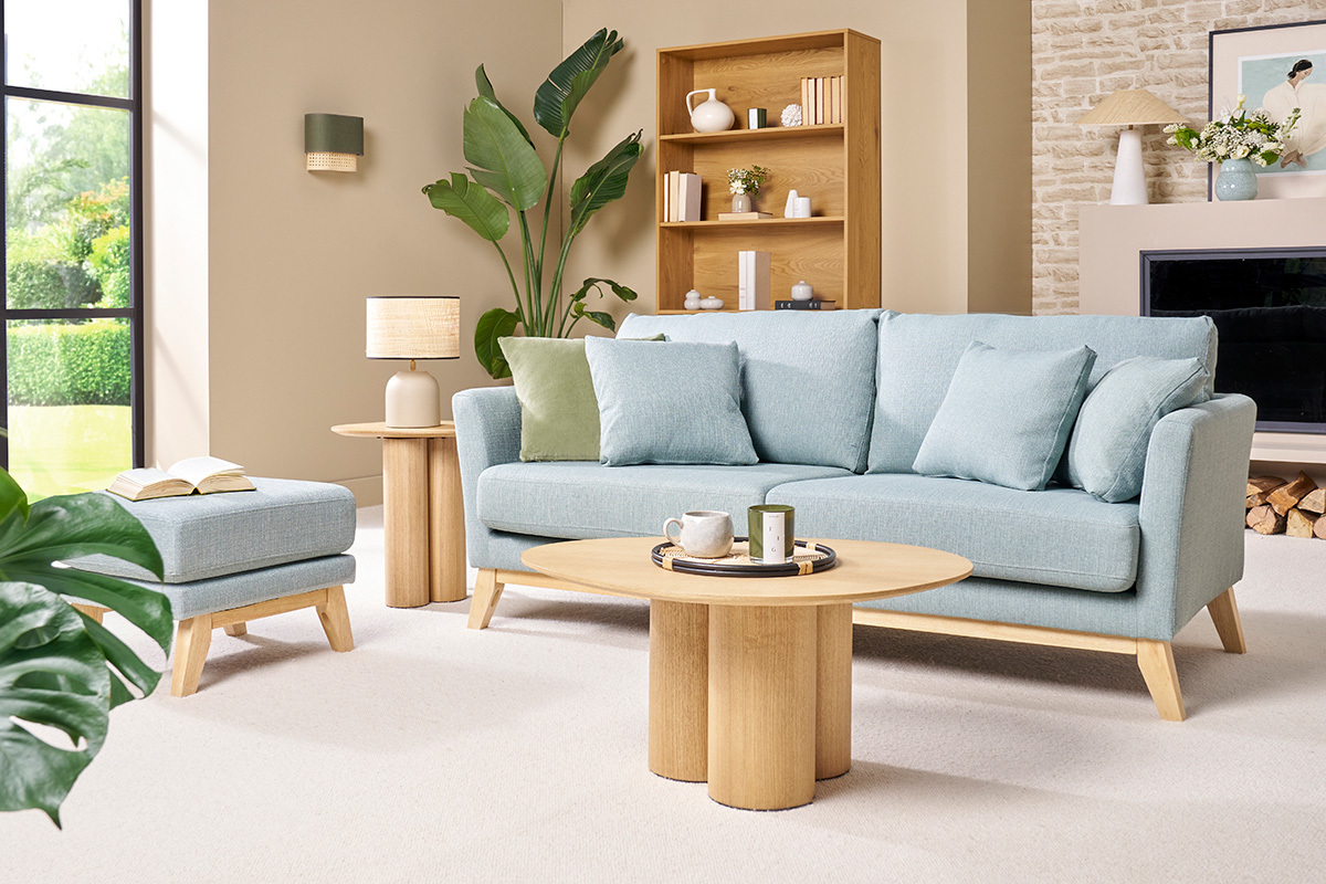 Divano scandinavo 3 posti blu laguna piedi legno OSLO