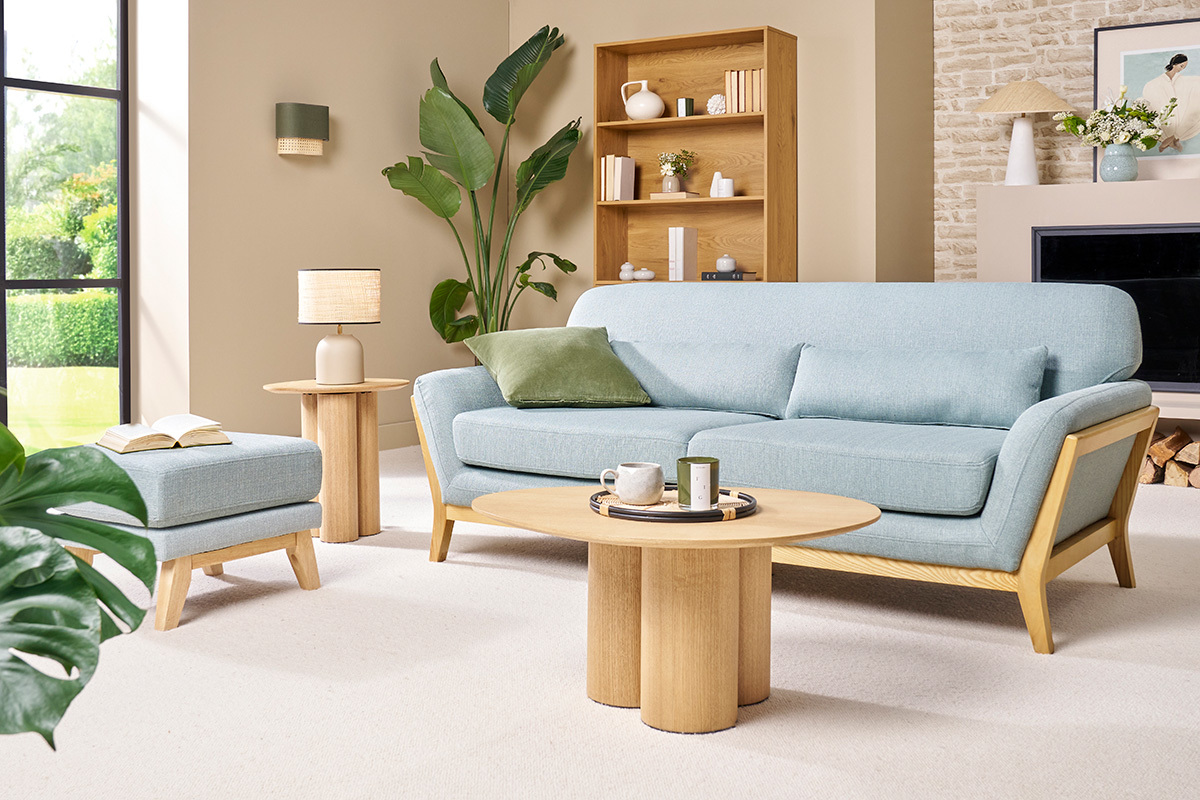 Divano scandinavo 3 posti blu laguna piedi legno YOKO