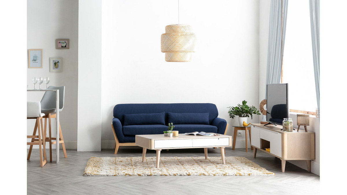 Divano scandinavo 3 posti blu marino piedi legno YOKO