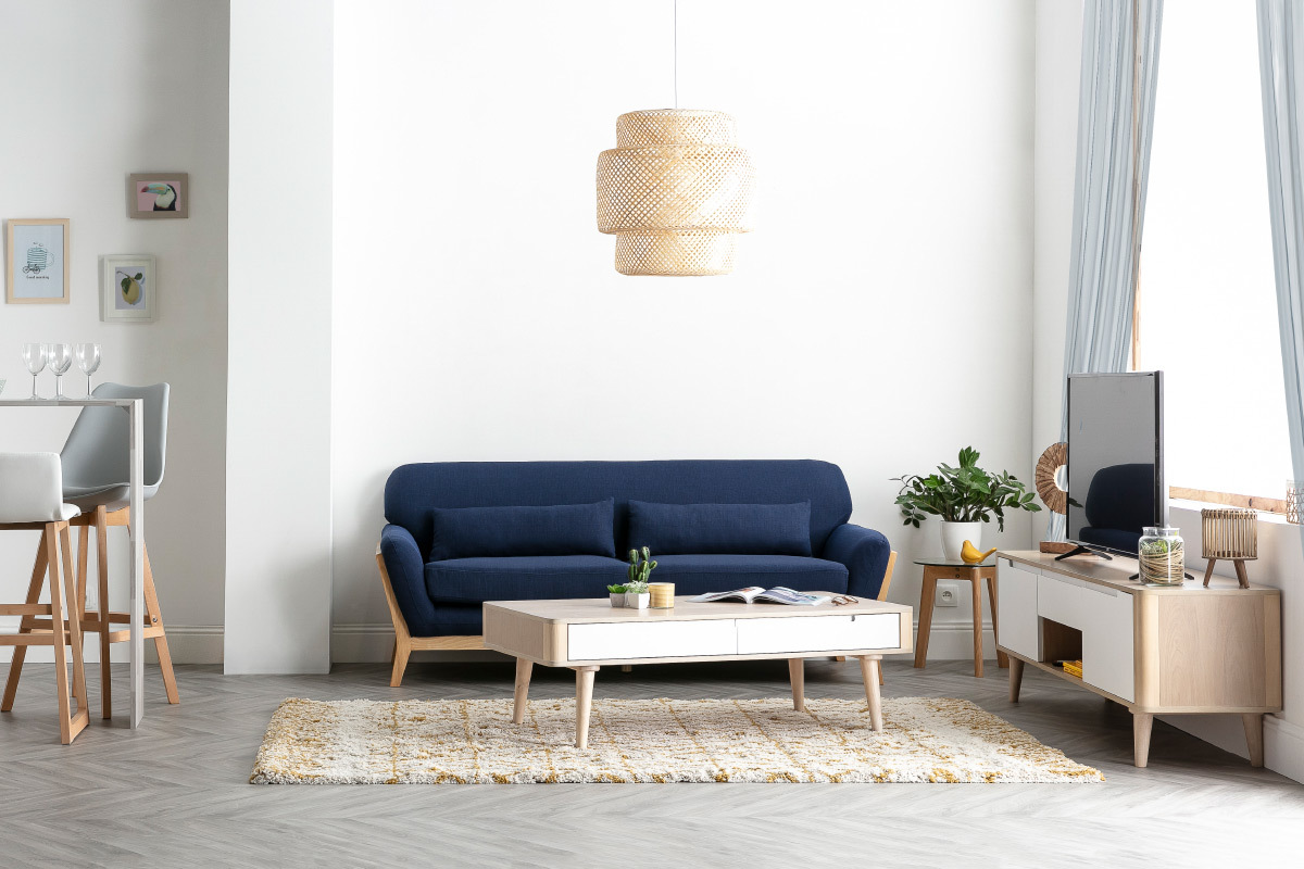 Divano scandinavo 3 posti blu marino piedi legno YOKO