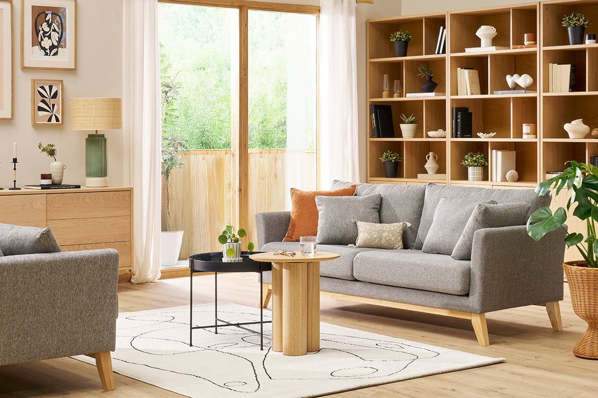 Divano scandinavo 3 posti grigio chiaro piedi legno OSLO