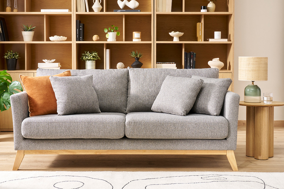 Divano scandinavo 3 posti grigio chiaro piedi legno OSLO