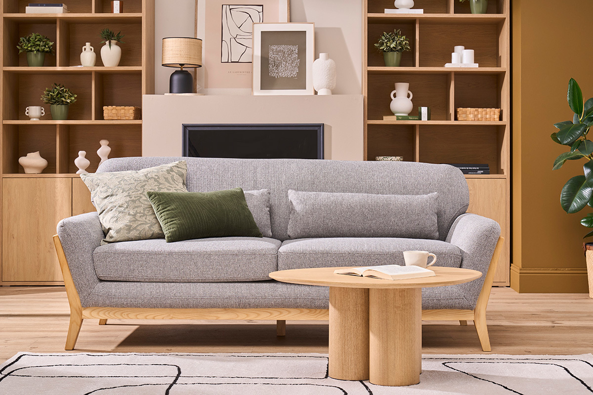 Divano scandinavo 3 posti grigio piedi legno YOKO
