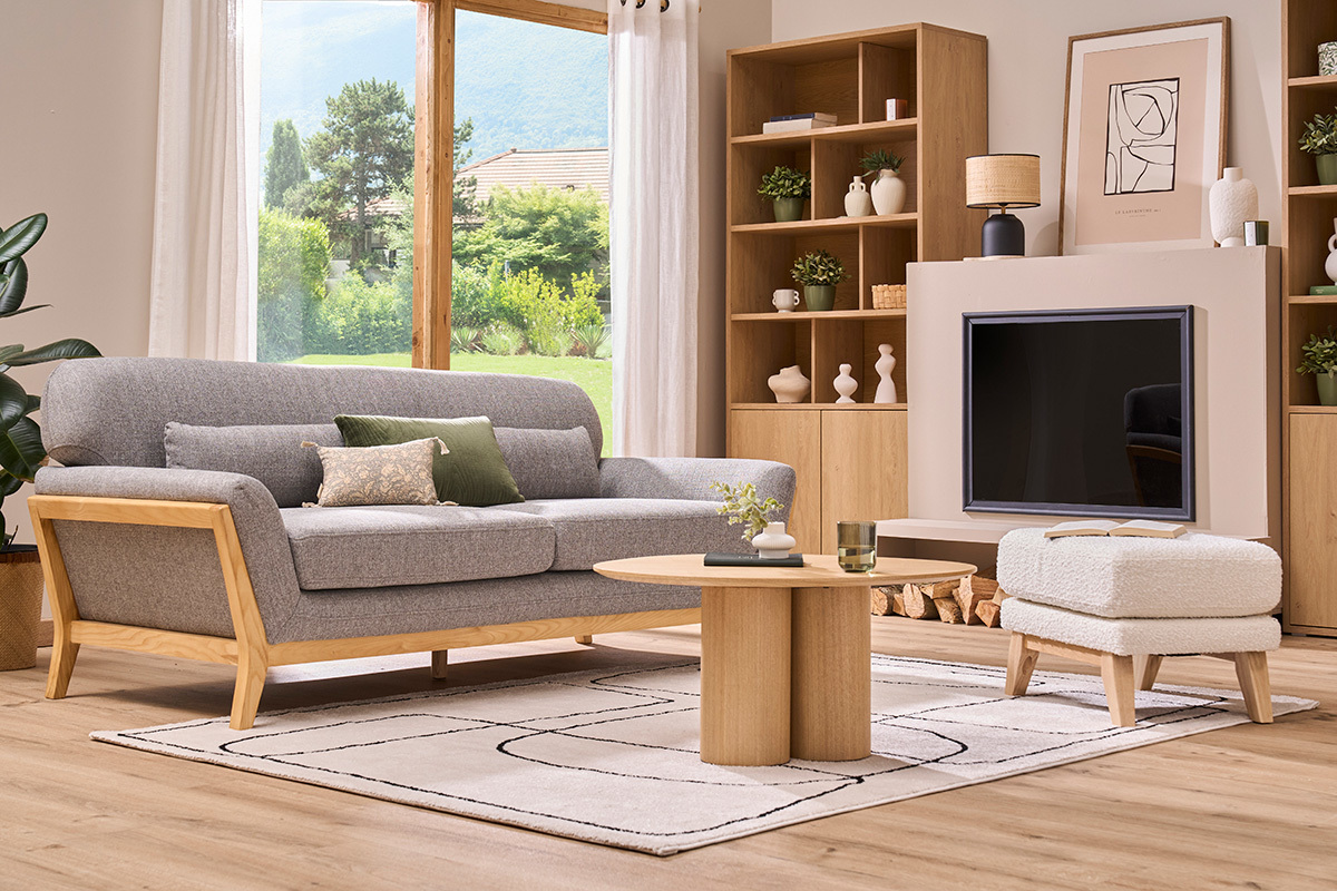 Divano scandinavo 3 posti grigio piedi legno YOKO