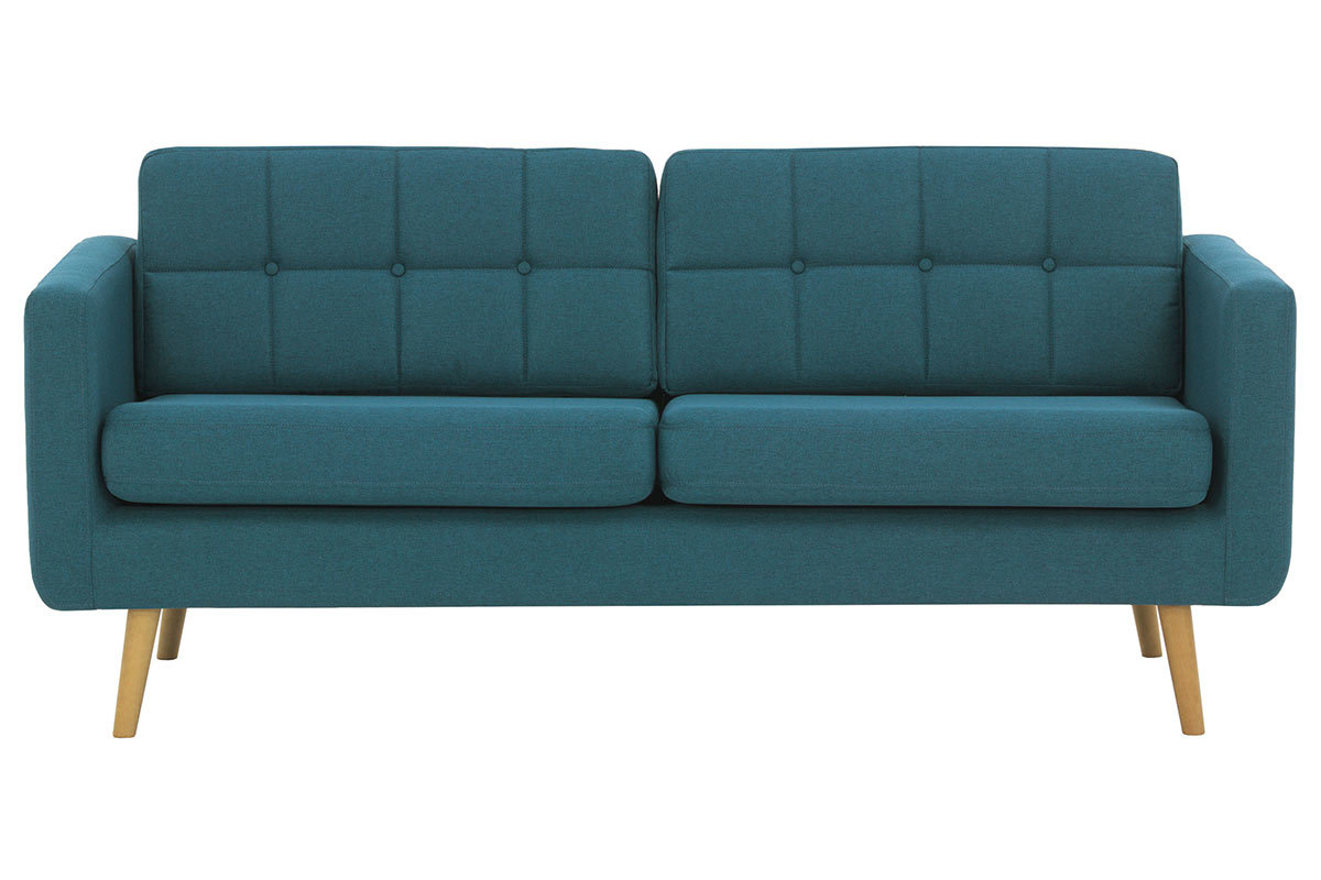 Divano scandinavo 3 posti in tessuto blu anatra e legno  ELFE