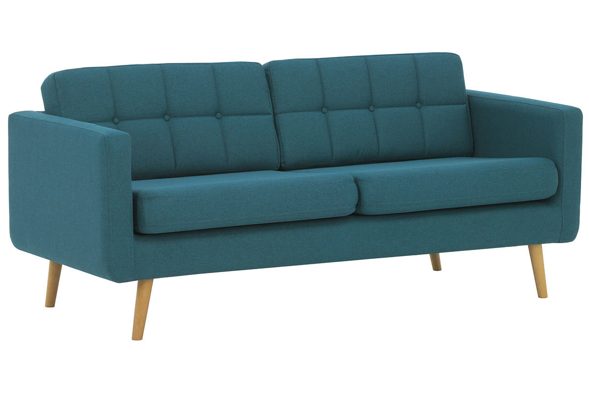 Divano scandinavo 3 posti in tessuto blu anatra e legno  ELFE