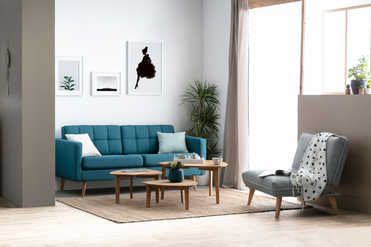 Divano scandinavo 3 posti in tessuto blu anatra e legno  ELFE