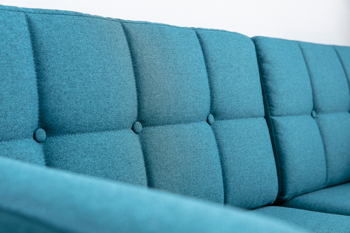 Divano scandinavo 3 posti in tessuto blu anatra e legno  ELFE