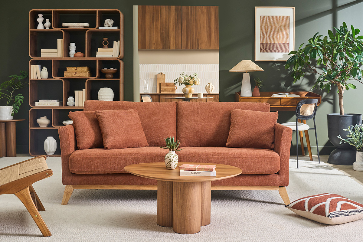 Divano scandinavo 3 posti in tessuto ciniglia terra bruciata e legno chiaro OSLO