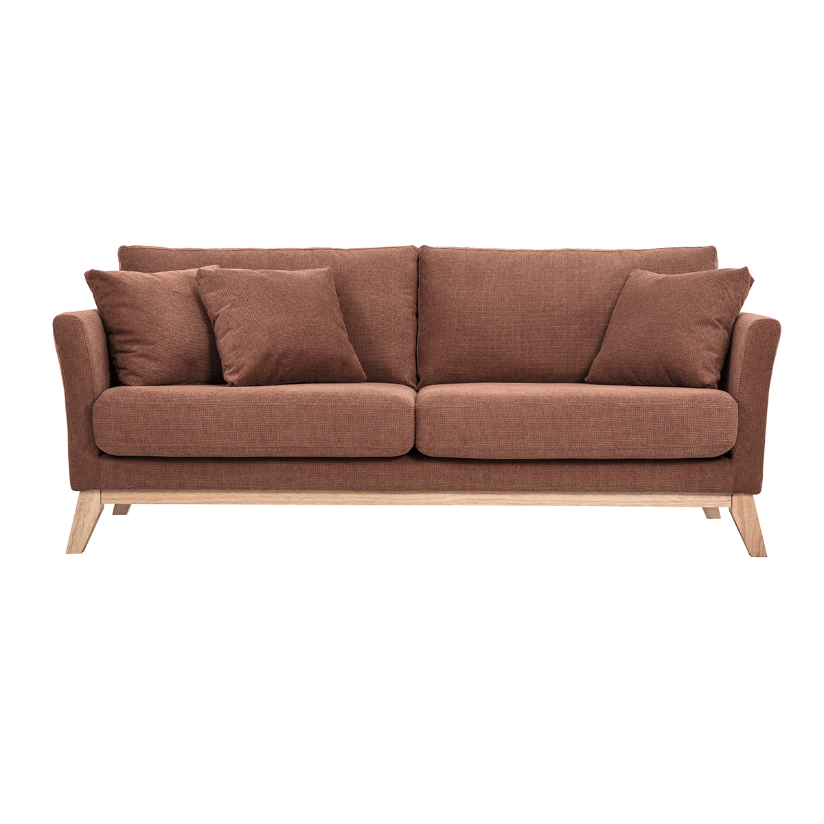Divano scandinavo 3 posti in tessuto ciniglia terra bruciata e legno chiaro OSLO