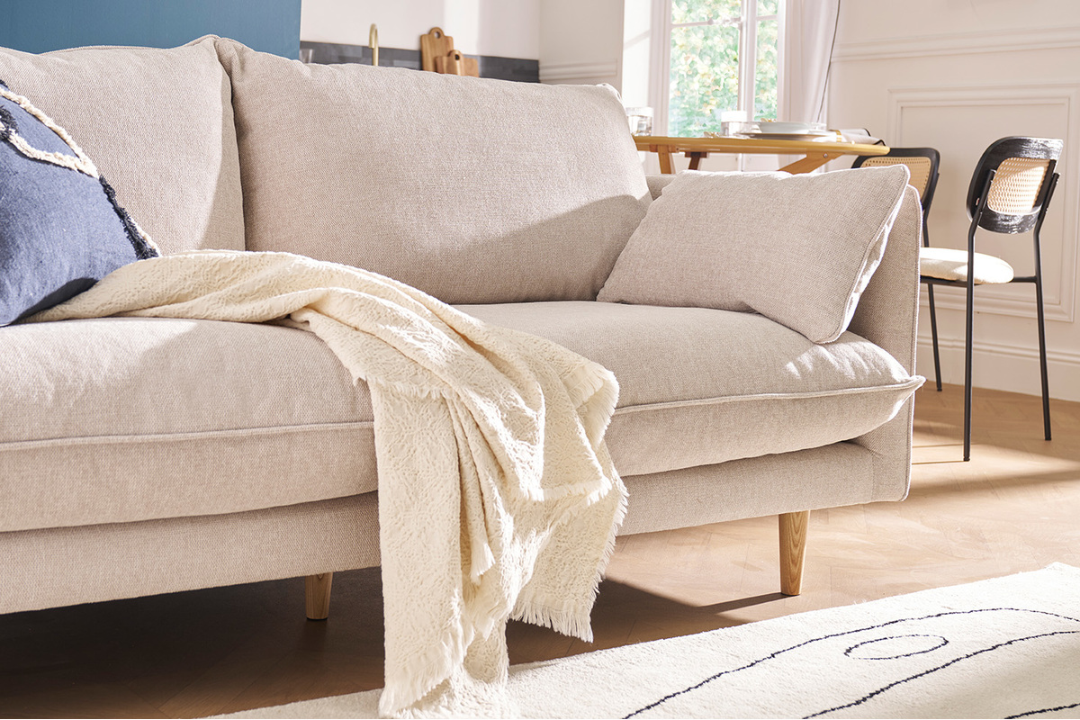 Divano scandinavo 3 posti in tessuto effetto velluto testurizzato beige e legno chiaro CLAYTON