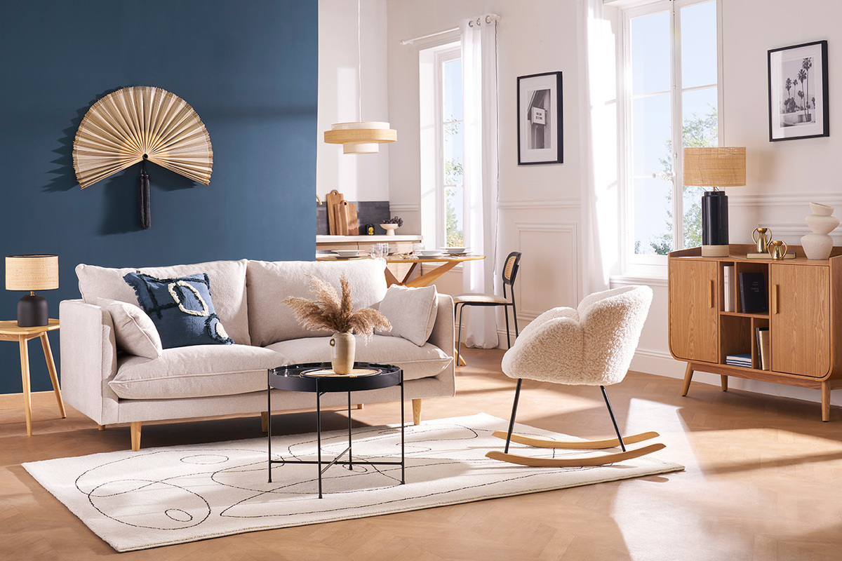Divano scandinavo 3 posti in tessuto effetto velluto testurizzato beige e legno chiaro CLAYTON