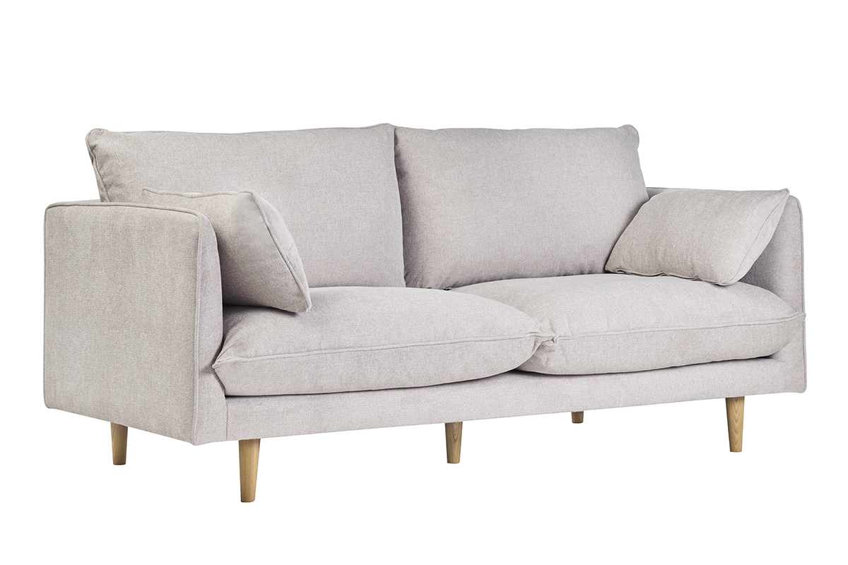 Divano scandinavo 3 posti in tessuto effetto velluto testurizzato beige e legno chiaro CLAYTON