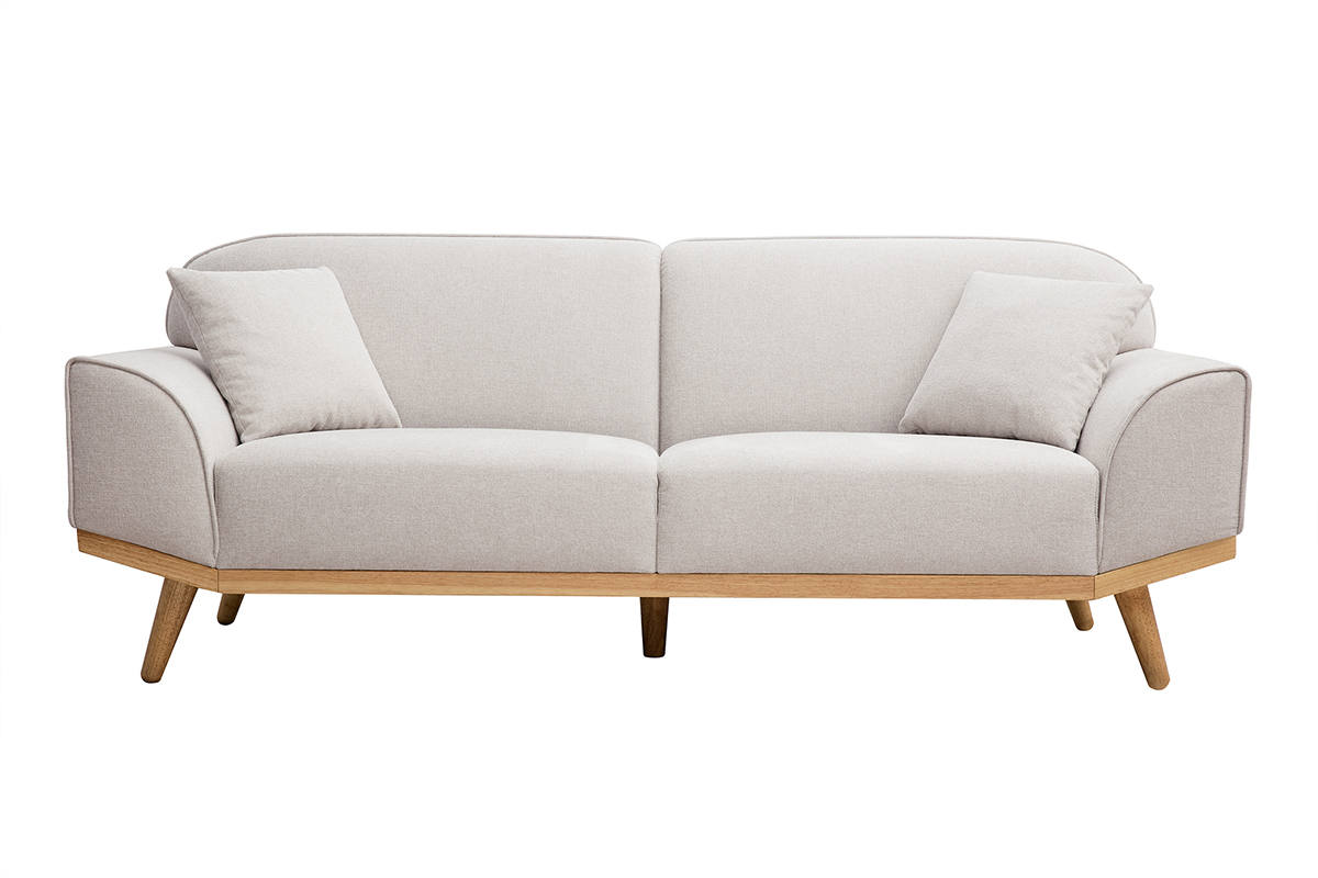 Divano scandinavo 3 posti in tessuto effetto velluto testurizzato beige e legno chiaro FREEMA