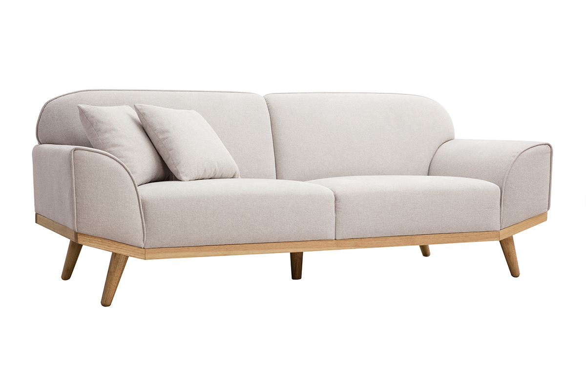 Divano scandinavo 3 posti in tessuto effetto velluto testurizzato beige e legno chiaro FREEMA