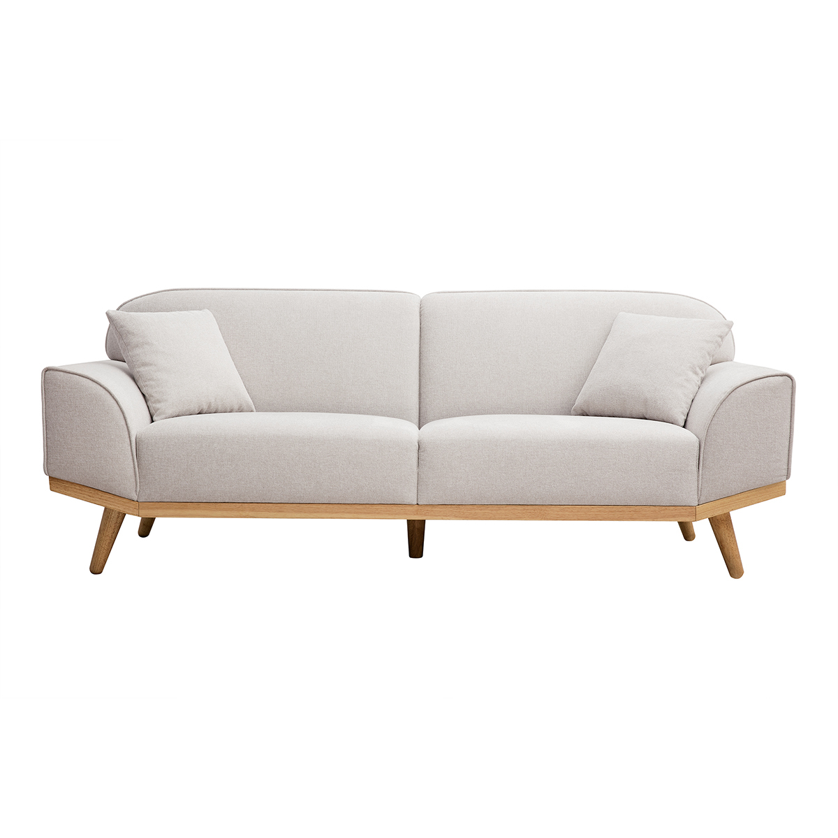 Divano scandinavo 3 posti in tessuto effetto velluto testurizzato beige e legno chiaro FREEMA