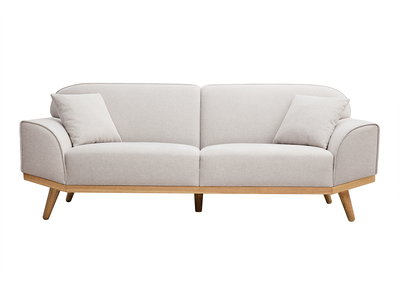 Divano scandinavo 3 posti in tessuto effetto velluto testurizzato beige e legno chiaro FREEMA