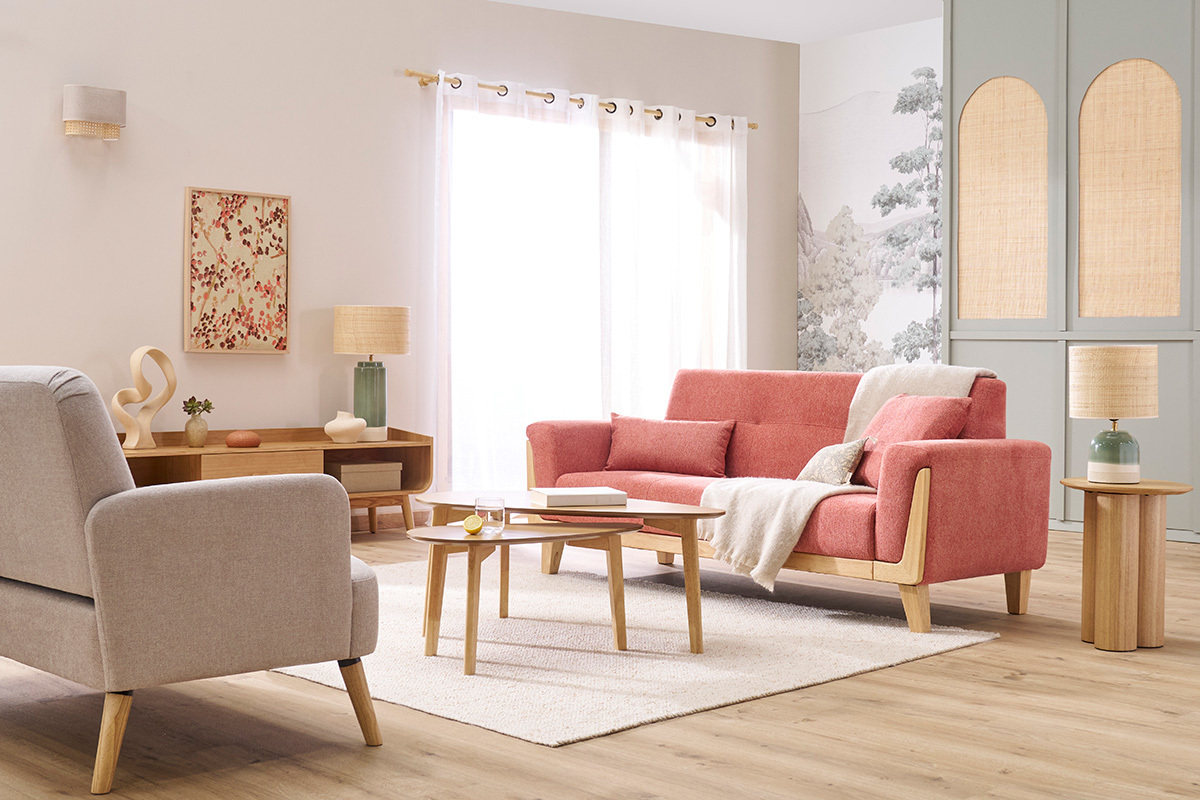 Divano scandinavo 3 posti in tessuto effetto velluto testurizzato color terracotta e legno chiaro FJORD