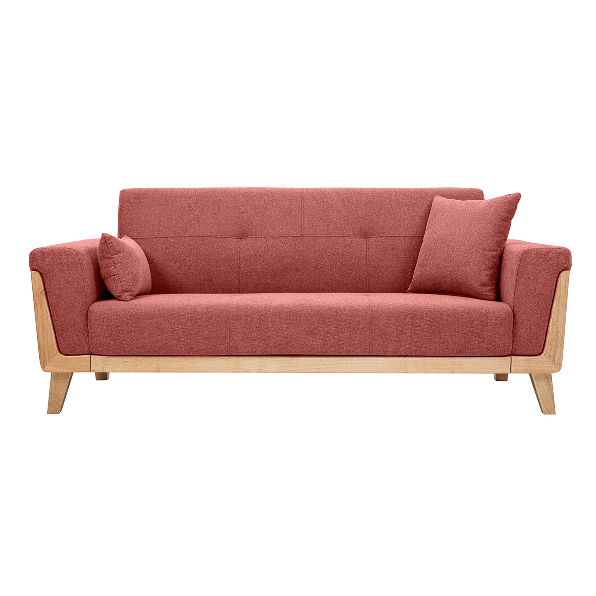 Divano scandinavo 3 posti in tessuto effetto velluto testurizzato color terracotta e legno chiaro FJORD