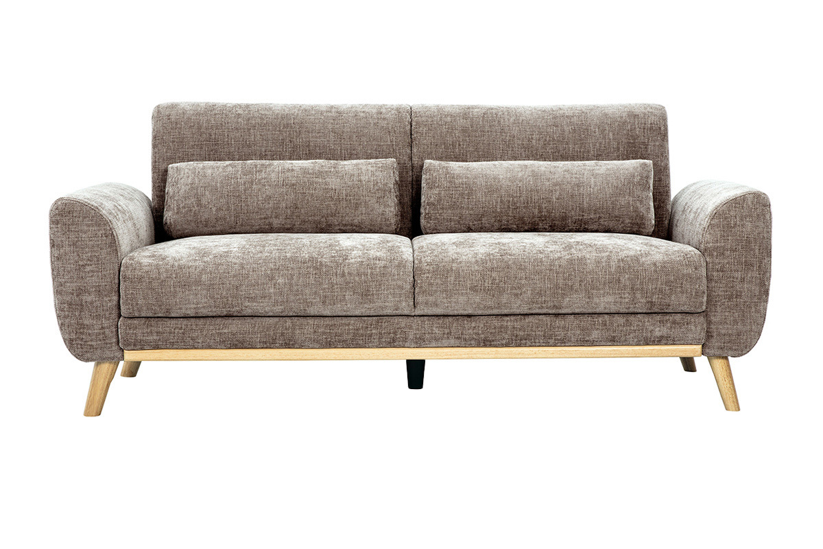 Divano scandinavo 3 posti in tessuto effetto velluto testurizzato taupe e legno chiaro EKTOR