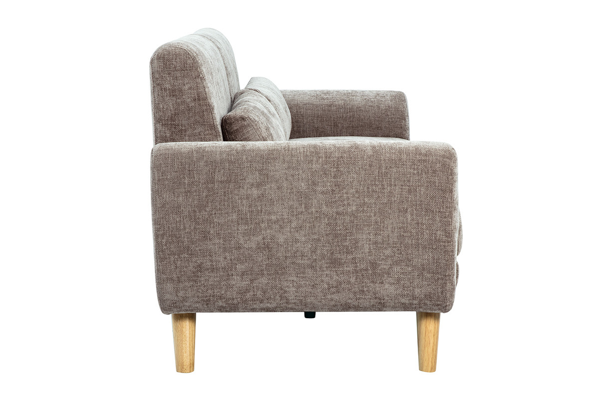 Divano scandinavo 3 posti in tessuto effetto velluto testurizzato taupe e legno chiaro EKTOR