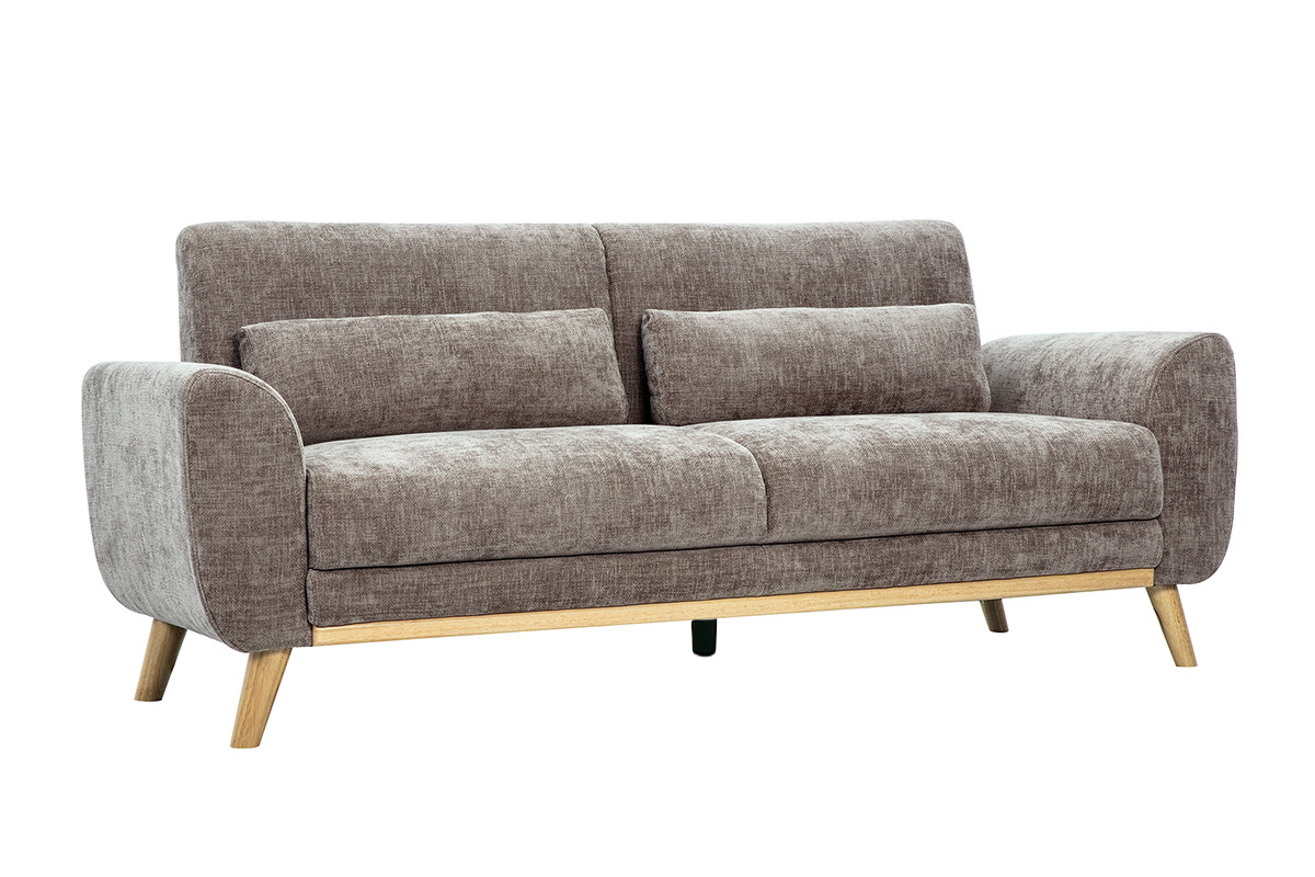 Divano scandinavo 3 posti in tessuto effetto velluto testurizzato taupe e legno chiaro EKTOR