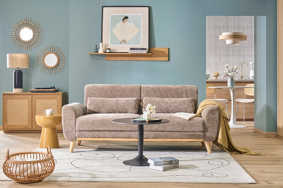 Divano scandinavo 3 posti in tessuto effetto velluto testurizzato taupe e legno chiaro EKTOR