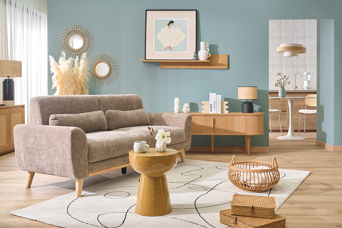 Divano scandinavo 3 posti in tessuto effetto velluto testurizzato taupe e legno chiaro EKTOR