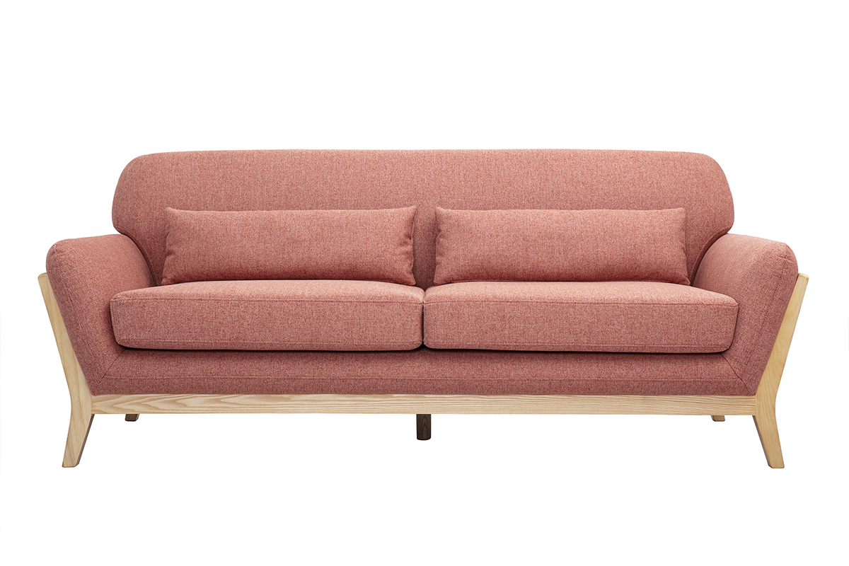 Divano Scandinavo 3 posti in tessuto effetto velluto testurizzato terracotta e legno chiaro YOKO