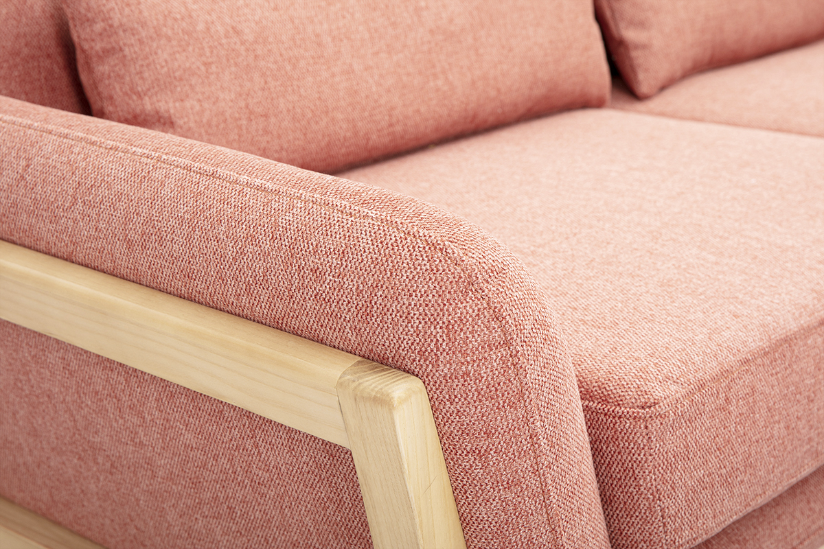 Divano Scandinavo 3 posti in tessuto effetto velluto testurizzato terracotta e legno chiaro YOKO