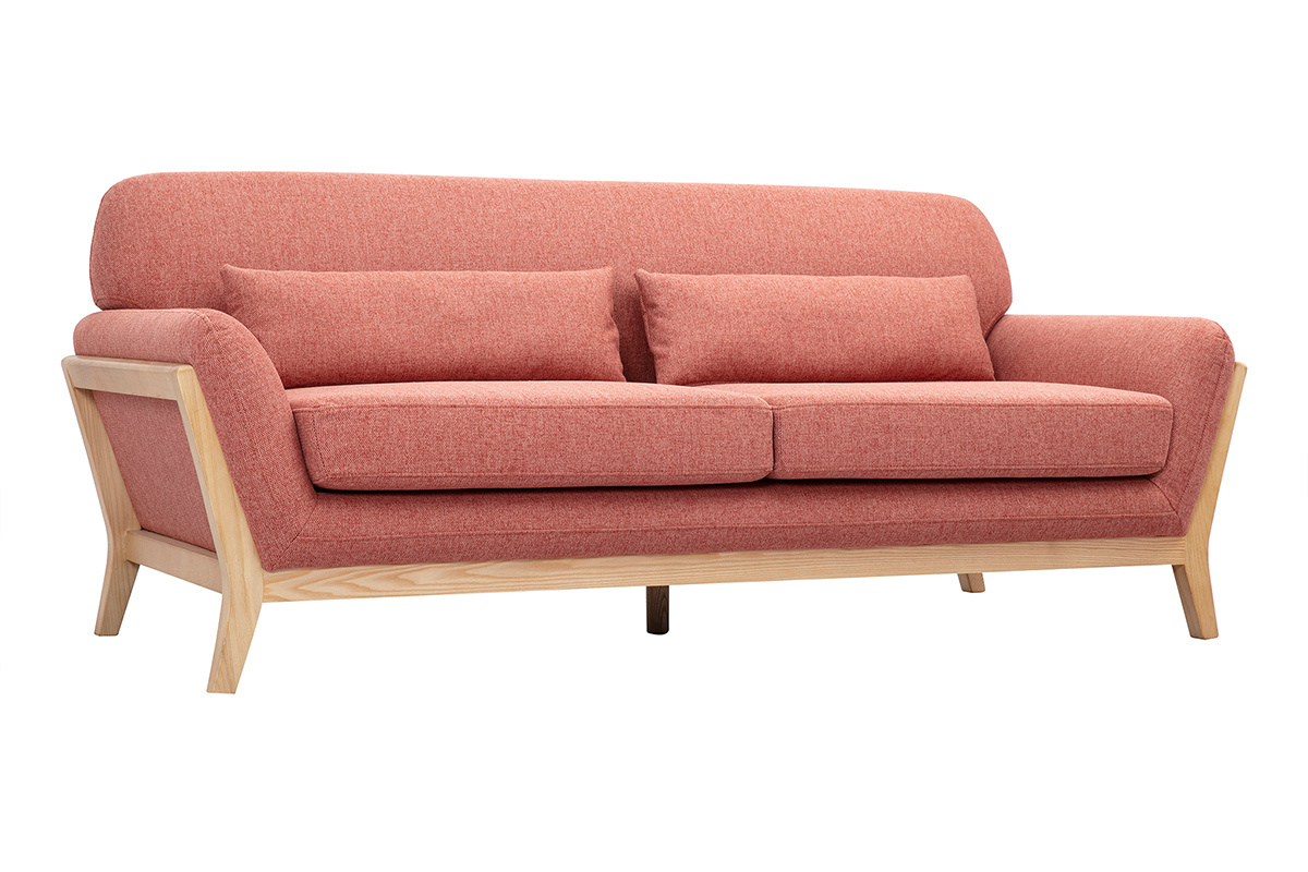Divano Scandinavo 3 posti in tessuto effetto velluto testurizzato terracotta e legno chiaro YOKO