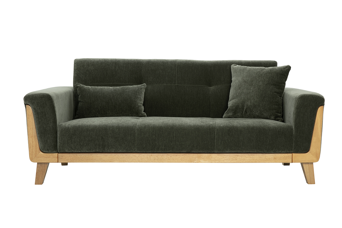 Divano Scandinavo 3 posti in tessuto effetto velluto verde kaki e legno chiaro FJORD