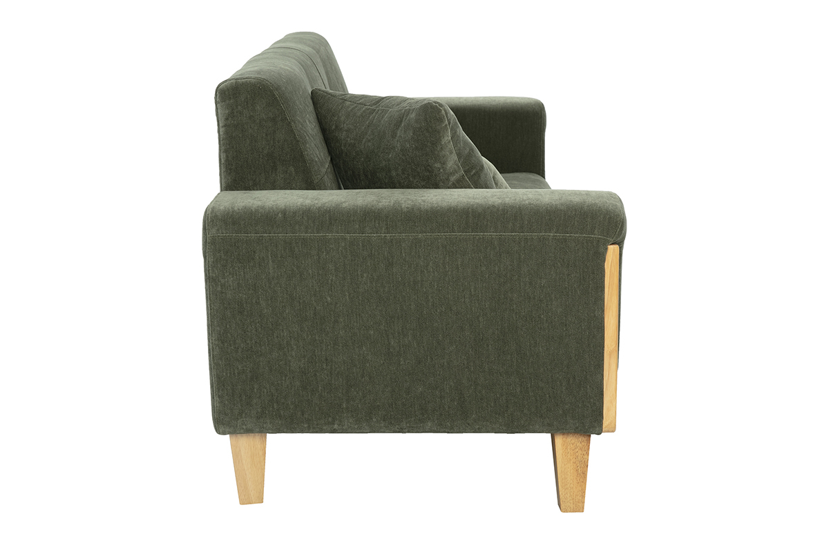 Divano Scandinavo 3 posti in tessuto effetto velluto verde kaki e legno chiaro FJORD