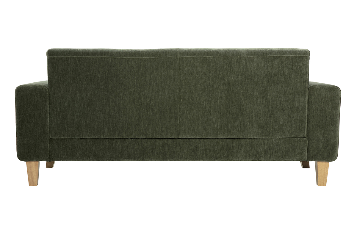 Divano Scandinavo 3 posti in tessuto effetto velluto verde kaki e legno chiaro FJORD