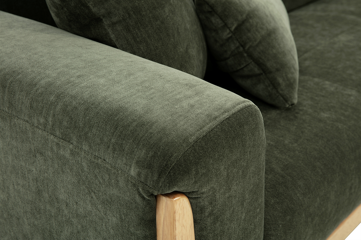 Divano Scandinavo 3 posti in tessuto effetto velluto verde kaki e legno chiaro FJORD