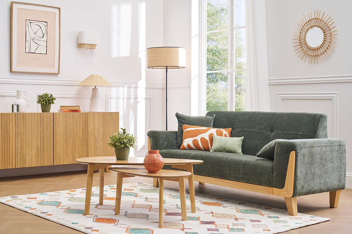 Divano Scandinavo 3 posti in tessuto effetto velluto verde kaki e legno chiaro FJORD