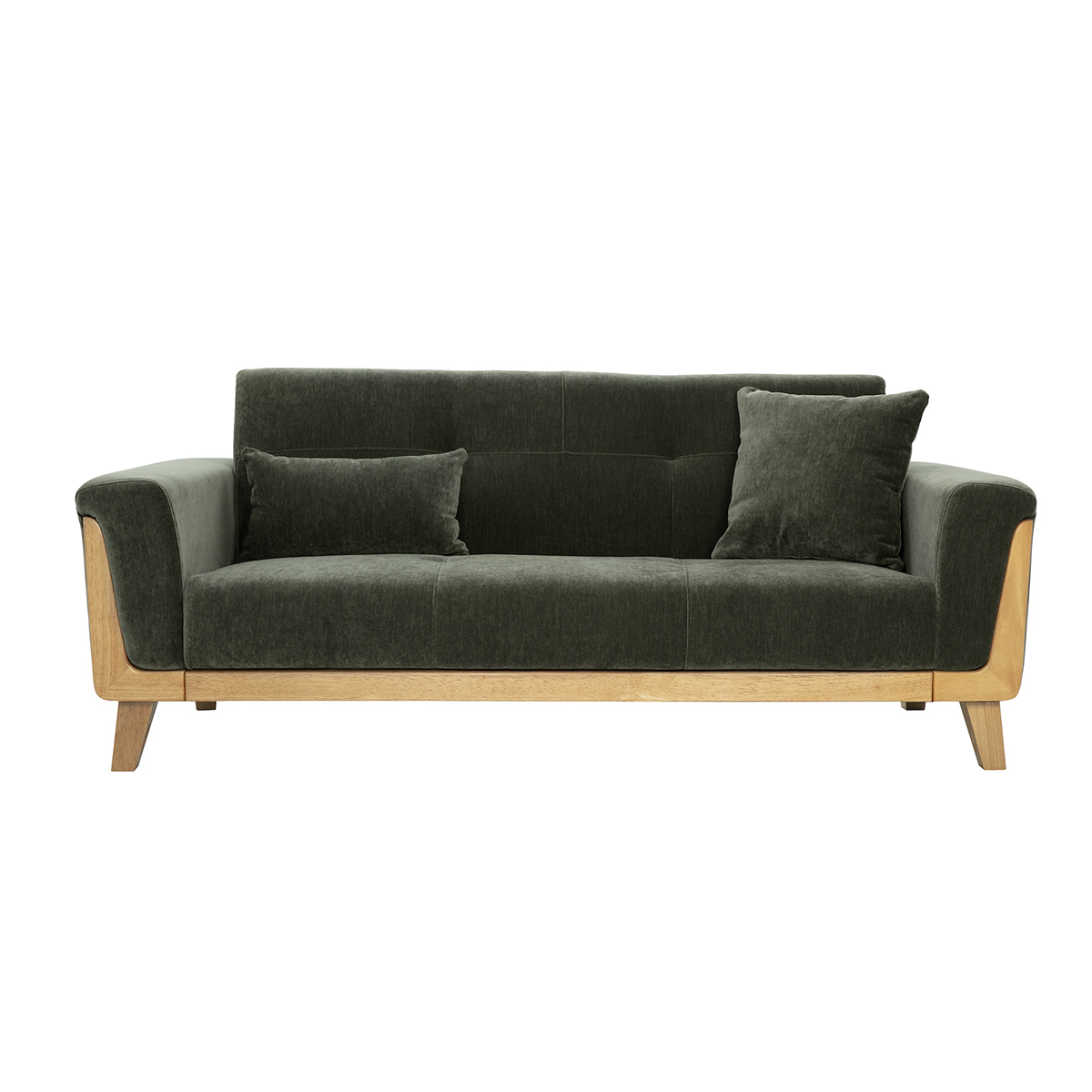 Divano Scandinavo 3 posti in tessuto effetto velluto verde kaki e legno chiaro FJORD