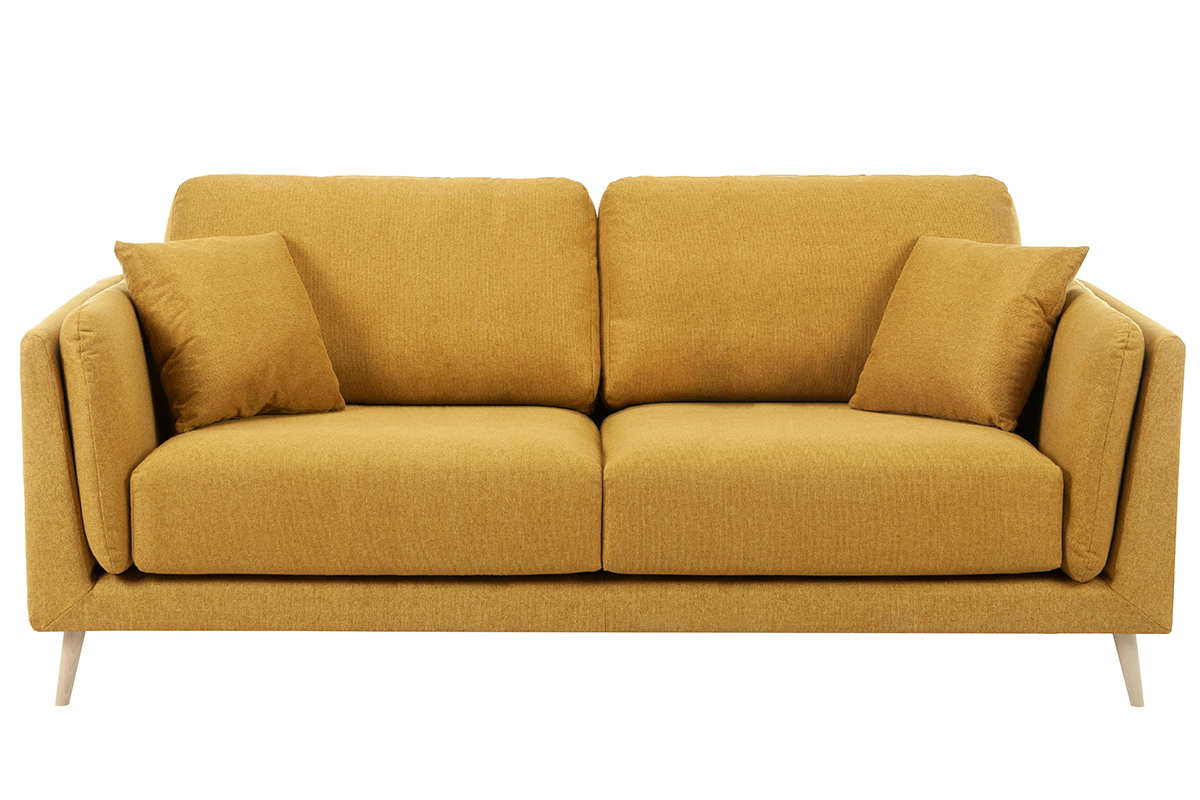 Divano scandinavo 3 posti in tessuto giallo cumino e legno chiaro VOGUE